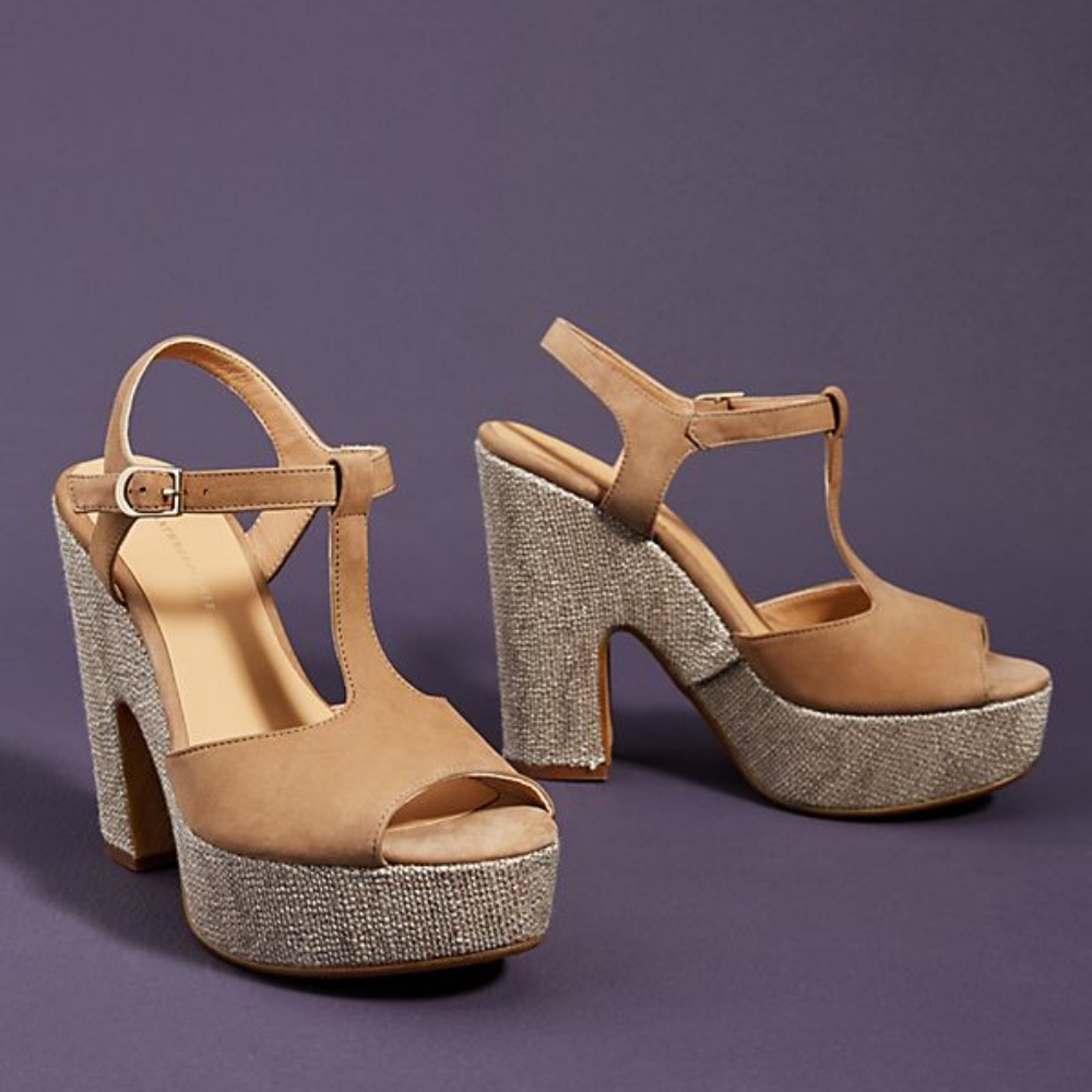 Anthropologie Glitz T-Strap Platform Heels Open Toe Sandals Shoes Size 40